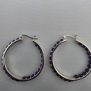 925 Sterling Silver Hoop Earrings Hinged Round 1.5in Purple/Silver Thailand